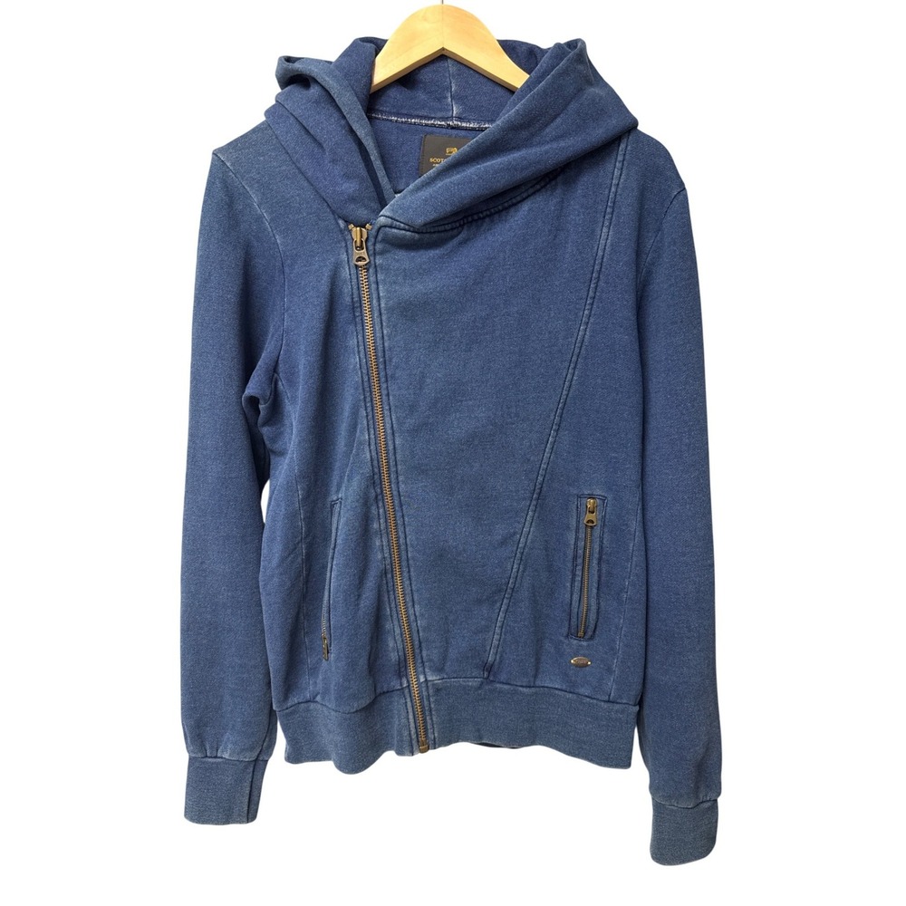 Scotch & Soda Womens S Denim Blue Moto Asymmetrical Zip Up Hooded Sweatshirt